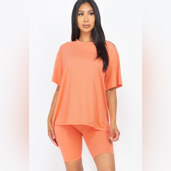 Flamingo Pink Biker Shorts Oversized T Shirt Matching Set Womens Lululemon Vuori - Picture 1 of 2